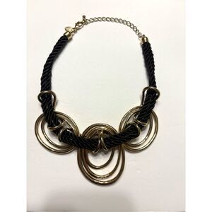 Chico’s Women’s Black Rope with Gold Tone Chunky Rings Statement Necklace